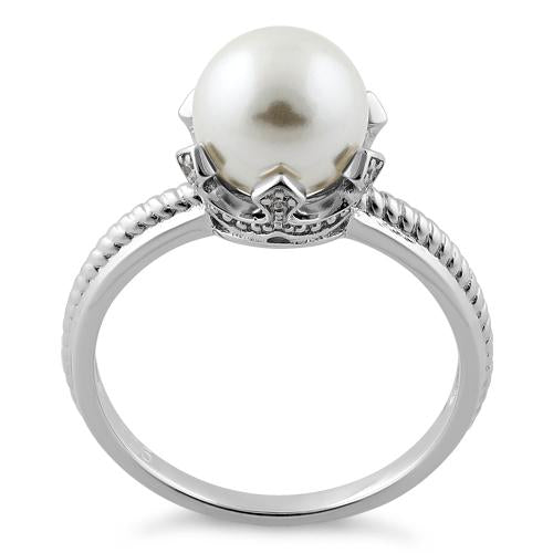 Sterling Silver King Crown Synthetic Pearl CZ Ring