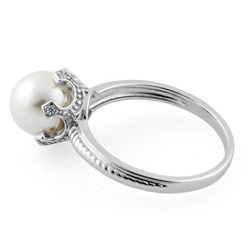 Sterling Silver King Crown Synthetic Pearl CZ Ring