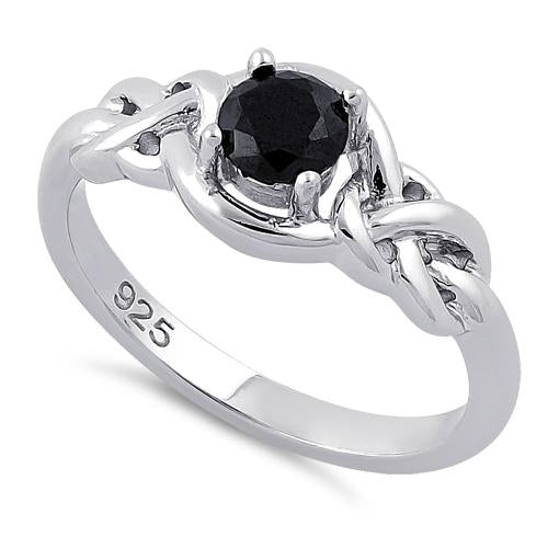 Sterling Silver Knot Frame Round Cut Black CZ Ring
