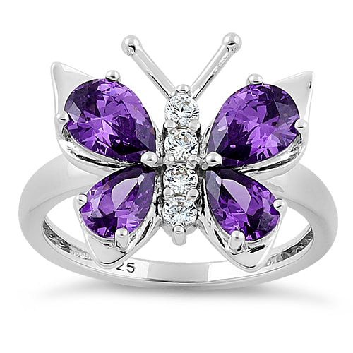 Sterling Silver Amethyst Butterfly CZ Ring