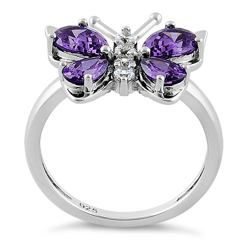 Sterling Silver Amethyst Butterfly CZ Ring