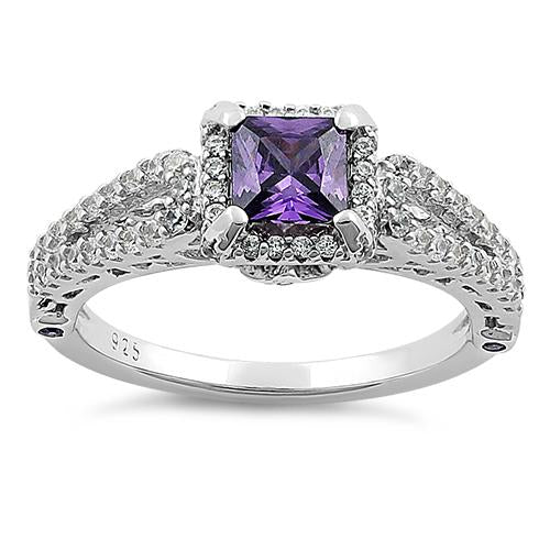 Sterling Silver Lavish Princess Cut Amethyst CZ Ring