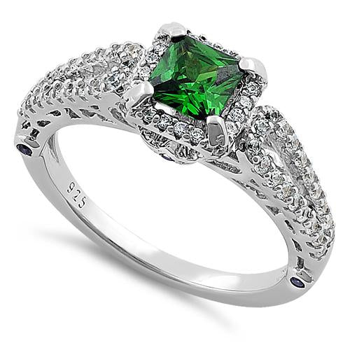 Sterling Silver Lavish Princess Cut Emerald CZ Ring