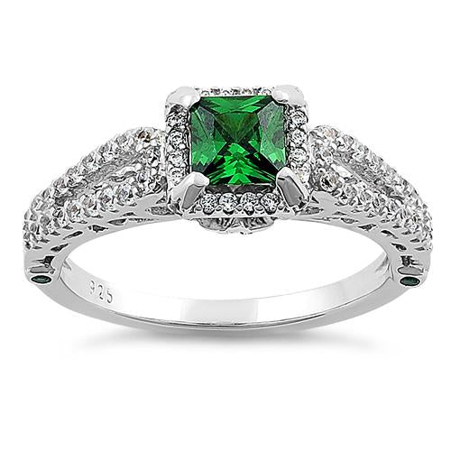 Sterling Silver Lavish Princess Cut Emerald CZ Ring