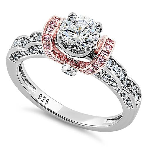 Sterling Silver Lavish Two Tone Rose Gold Plated Round Cut Clear & Pink CZ Ring