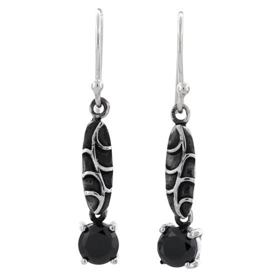 Sterling Silver Leaf Black CZ Oxidized Dangle Earrings