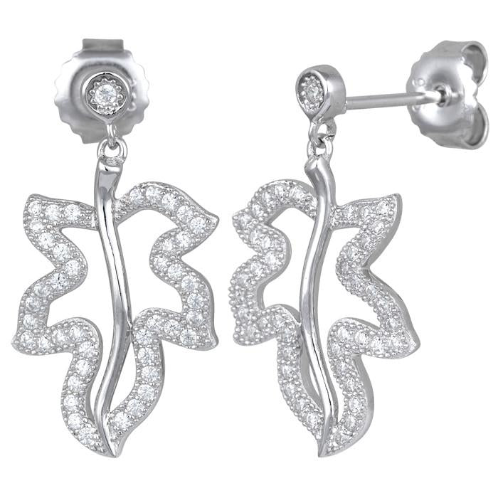 Sterling Silver Leaf CZ Dangle Earrings