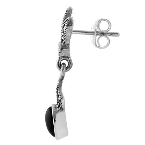 Sterling Silver Leaves Drop Oval Black Onyx Marcasite Earrings