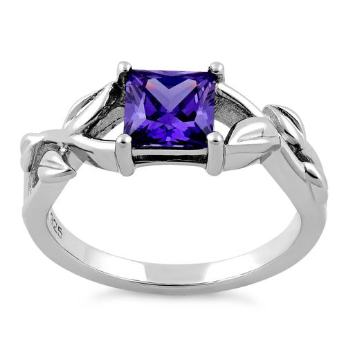 Sterling Silver Leaves Vines Princess Cut Amethyst CZ Ring