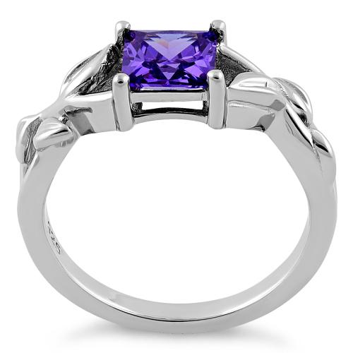 Sterling Silver Leaves Vines Princess Cut Amethyst CZ Ring