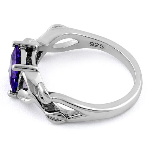 Sterling Silver Leaves Vines Princess Cut Amethyst CZ Ring