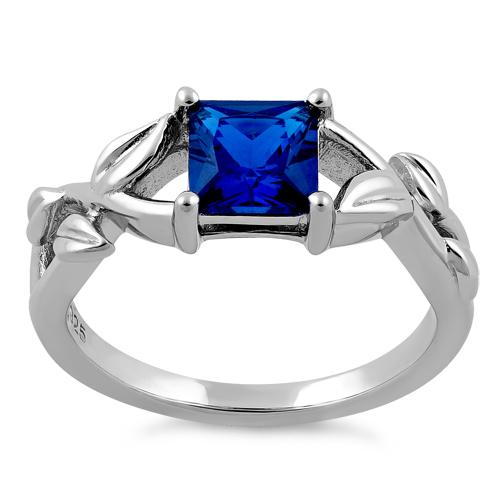 Sterling Silver Leaves Vines Princess Cut Blue Spinel CZ Ring