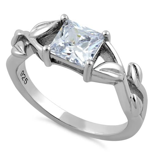 Sterling Silver Leaves Vines Princess Cut Clear CZ Ring