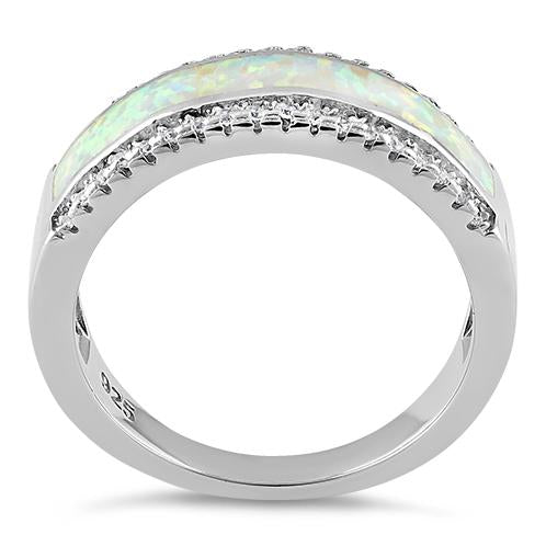 Sterling Silver Long Bar White Lab Opal CZ Ring