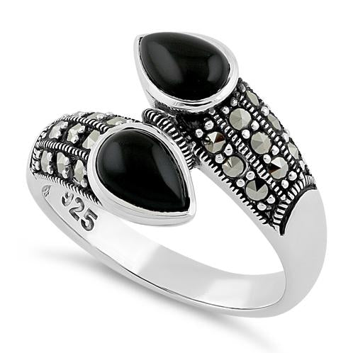 Sterling Silver Marcasite Pear Shape Black Onyx Ring