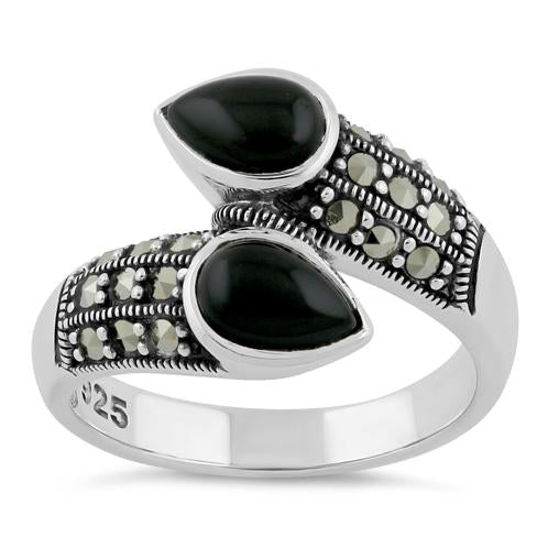 Sterling Silver Marcasite Pear Shape Black Onyx Ring