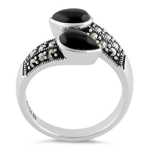 Sterling Silver Marcasite Pear Shape Black Onyx Ring