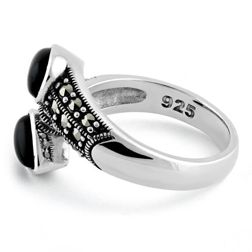 Sterling Silver Marcasite Pear Shape Black Onyx Ring