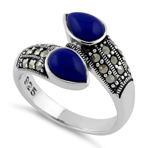 Sterling Silver Marcasite Pear Shape Blue Lapis Ring