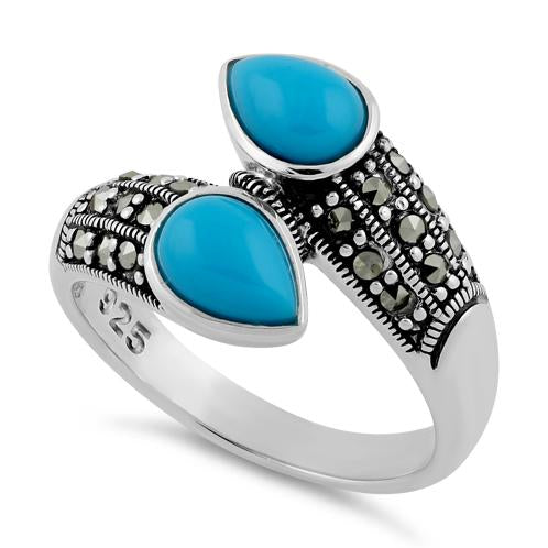 Sterling Silver Marcasite Pear Shape Simulated Turquoise Ring
