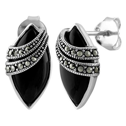 Sterling Silver Marquise Black Onyx Marcasite Earrings