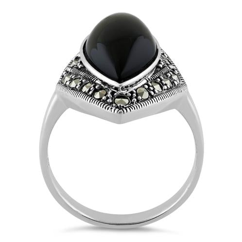 Onyx Ring Engagement Marcasite Sterling Silver Marquise Black Onyx