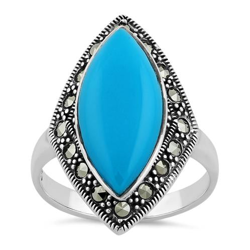 Sterling Silver Marquise Simulated Turquoise Marcasite Ring