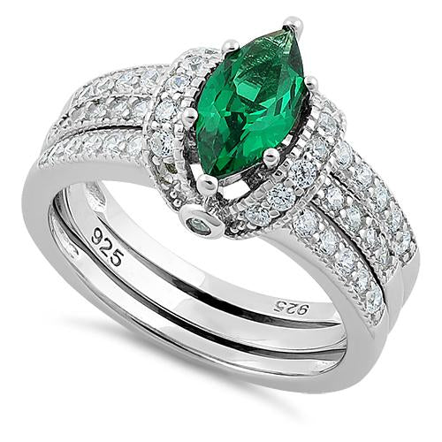 Sterling Silver Marquise Emerald Clear CZ Set Ring