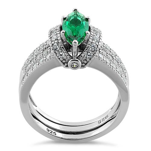 Sterling Silver Marquise Emerald Clear CZ Set Ring