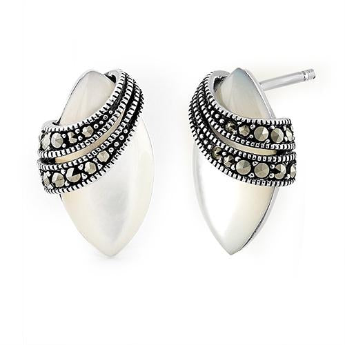 Sterling Silver Marquise Mother of Pearl Marcasite Earrings