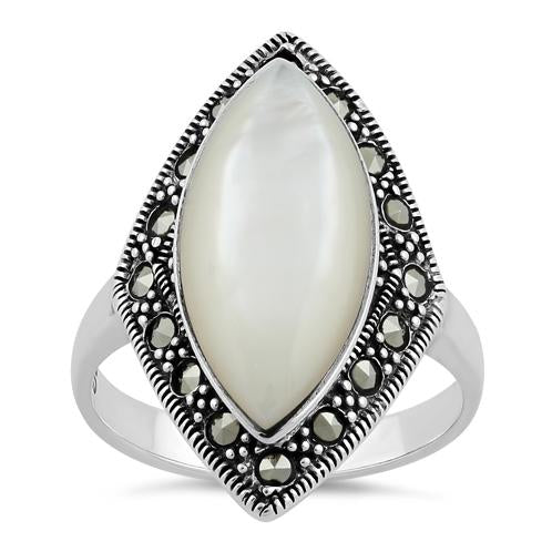 Sterling Silver Marquise Mother of Pearl Marcasite Ring