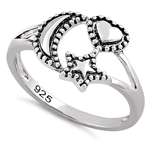 Sterling Silver Moon Star Heart Ring