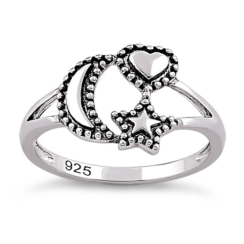 Sterling Silver Moon Star Heart Ring