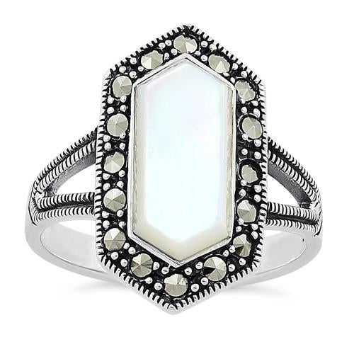 Sterling Silver Mother of Pearl Diamond Shaped Marcasite Ring
