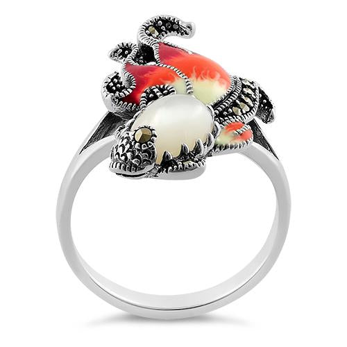 Sterling Silver Mother of Pearl Enamel Ghost Fish Marcasite Ring