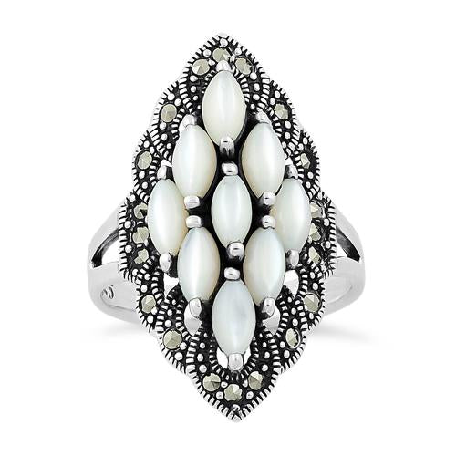 Sterling Silver Mother of Pearl Marquise Marcasite Ring