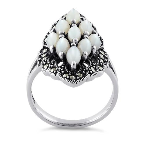 Sterling Silver Mother of Pearl Marquise Marcasite Ring