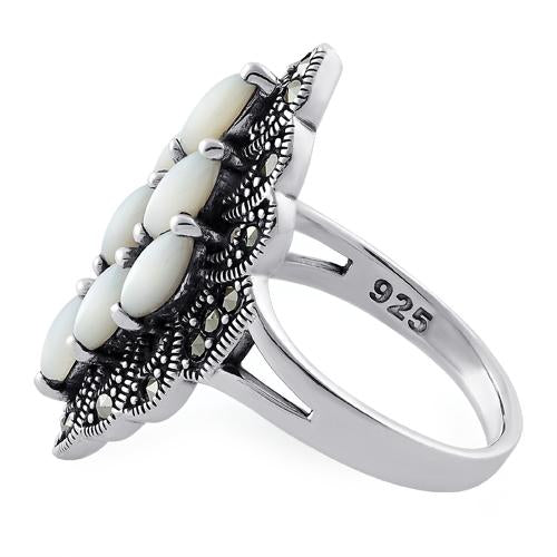 Sterling Silver Mother of Pearl Marquise Marcasite Ring