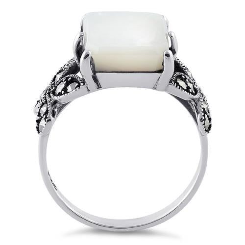 Sterling Silver Mother of Pearl Square Butterfly Marcasite Ring