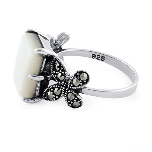 Sterling Silver Mother of Pearl Square Butterfly Marcasite Ring