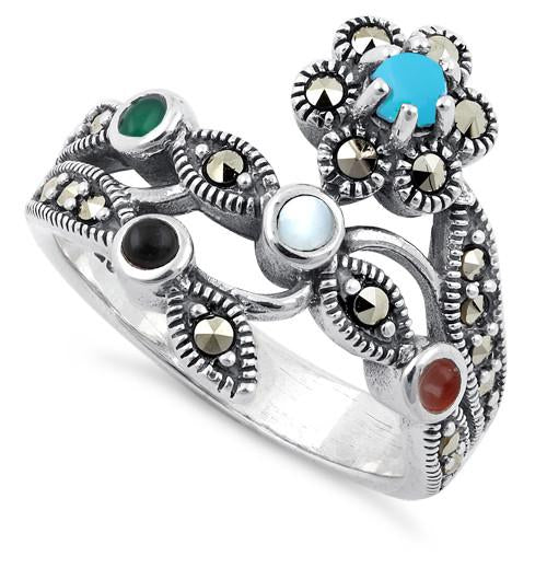 Sterling Silver Rainbow Stones Marcasite Ring