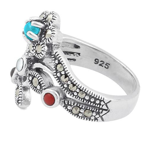 Sterling Silver Rainbow Stones Marcasite Ring