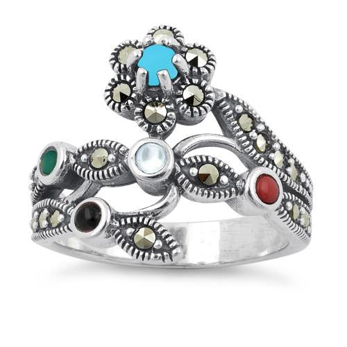Sterling Silver Rainbow Stones Marcasite Ring