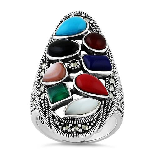 Sterling Silver Rainbow Stone Marcasite Ring