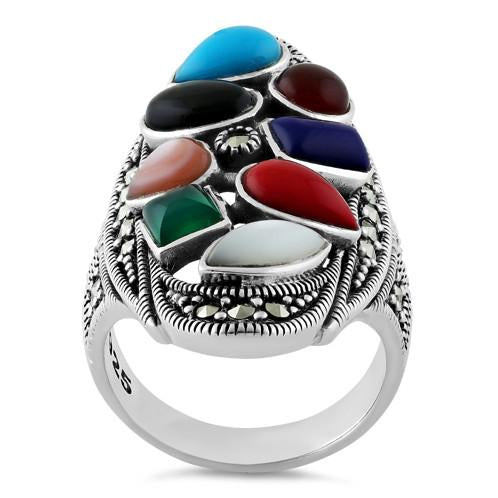 Sterling Silver Rainbow Stone Marcasite Ring