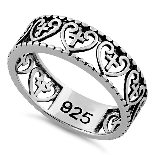 Sterling Silver Multiple Heart and Cross Ring