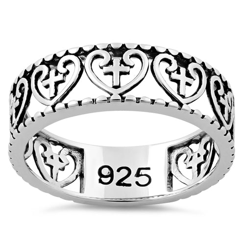 Sterling Silver Multiple Heart and Cross Ring