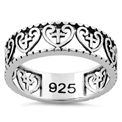 Sterling Silver Multiple Heart and Cross Ring
