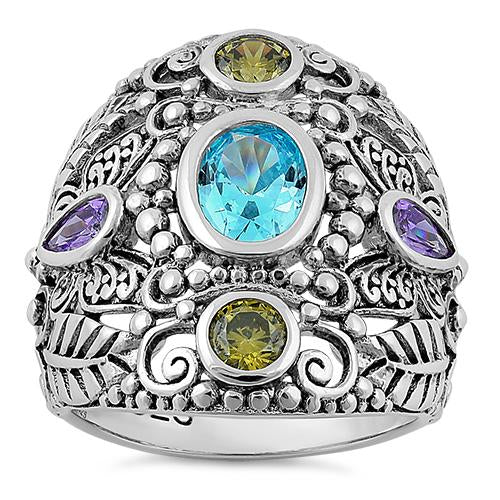 Sterling Silver Bali Rainbow CZ Ring