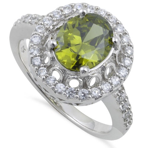 Sterling Silver Olive Green Halo Oval Cut CZ Ring